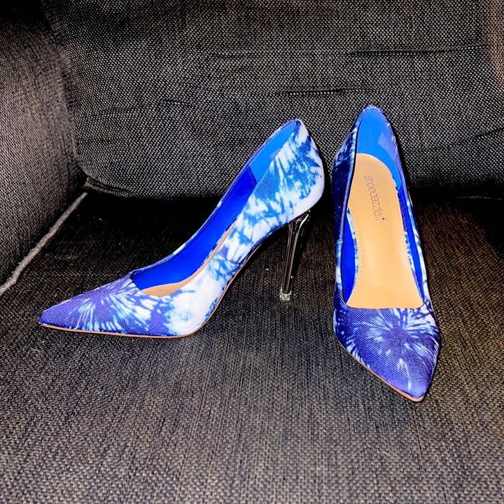 Blue and white pumps